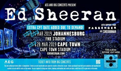 ED SHEERAN 28th R1000 x 2 tickets Front Zone  