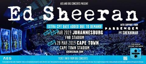 Two Ed Sheeran tickets (golden circle) for R1250 (face value R1575) 