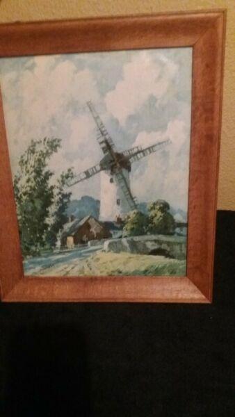 Vintage Dutch Windmill and Skies Painting 