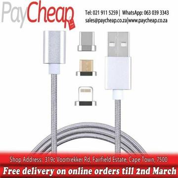 Magnetic Micro USB/Lightning/USB-C Charge Cable iPhone/Samsung/Huawei Silver 
