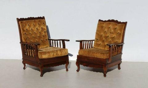 2 Mid Century Button Back Imbuia Lounge Chairs with Queen Anne Feet 