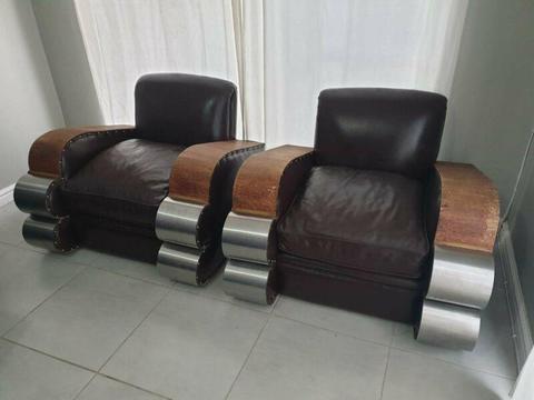 2 x Genuine Leather Art Deco Arm Chairs, 2 x Oxblood Club Chairs in Good Condition, 082 624 5168 